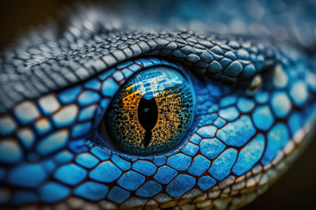 Close-up of the eye of a lizard with the flag of Saint Lucia. Generative AIの写真素材