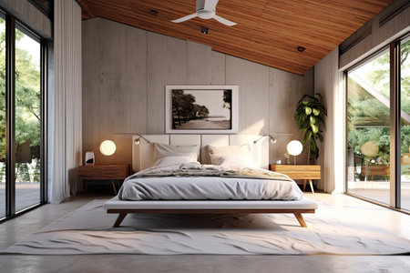 Interior of modern bedroom with wooden walls, concrete floor, comfortable king size bed and lamp.