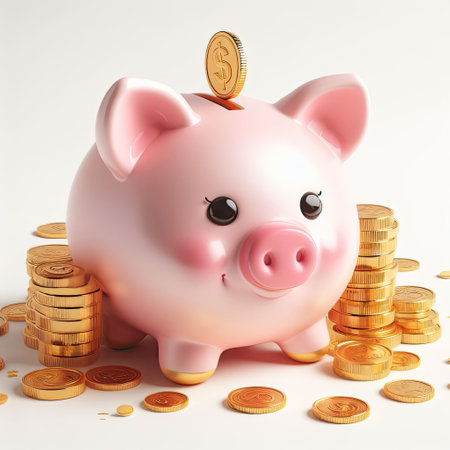 Piggy bank with coins on white background. 3D illustration.の写真素材