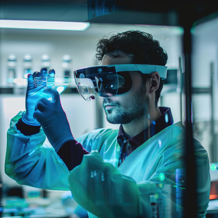 scientist working in the lab with 3d glasses and blue liquidの素材