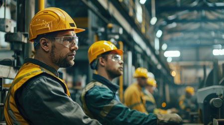 Workers wearing safety gear while operating machinery in a manufacturing plant.の素材