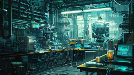 High-tech machinery in a clean and organized industrial setting.の素材