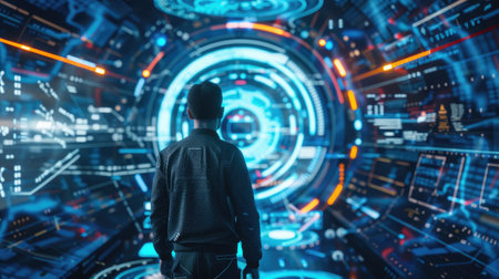 Professional navigating digital transformation journey on a futuristic interfaceの素材