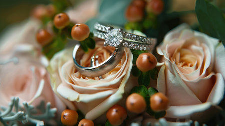Close-up of wedding rings on a bouquetの素材