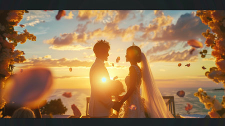 Romantic sunset wedding ceremony with a viewの素材