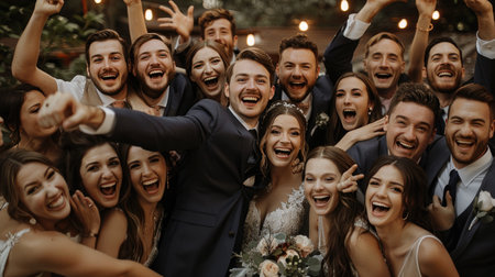 Group photo of the wedding party celebrating the couple's big dayの素材