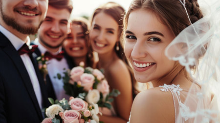 Group photo of the wedding party celebrating the couple's big dayの素材