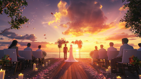 Romantic sunset wedding ceremony with a viewの素材