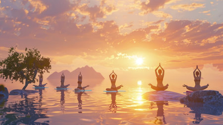 Yoga class in session with participants in various poses against a serene backdrop.の素材