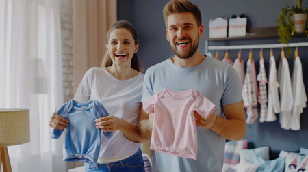 Expectant parents holding baby clothes and expressing joy and anticipation.の素材