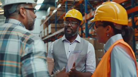 Collaborative logistics meeting with a diverse team discussing shipment strategiesの素材