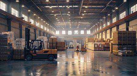 Busy shipping and receiving area in a manufacturing facility with workers and forkliftsの素材