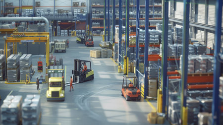 Busy shipping and receiving area in a manufacturing facility with workers and forkliftsの素材