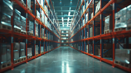 Efficient logistics and supply chain operations with organized warehouse shelves.の素材