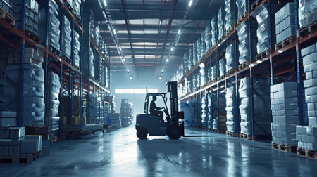 Forklift operator managing inventory in a modern and organized warehouse.の素材