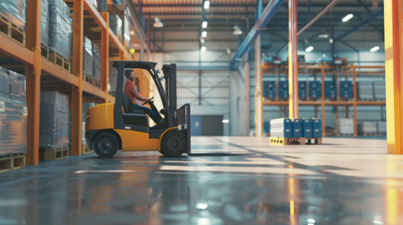 Forklift operator managing inventory in a modern and organized warehouse.の素材