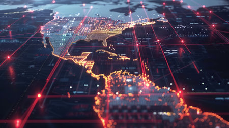 Global supply chain network with interconnected shipping routes and distribution hubs.の素材