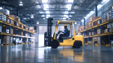 Forklift operator managing inventory in a modern and organized warehouse.の素材