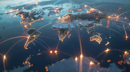 Global supply chain network with interconnected shipping routes and distribution hubs.の素材