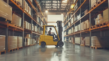 Forklift operator managing inventory in a modern and organized warehouse.の素材