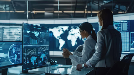 Supply chain professionals analyzing data on a digital dashboard.の素材