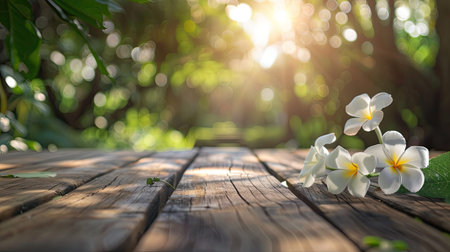 Empty wooden table with flower background with Blur effect.の素材
