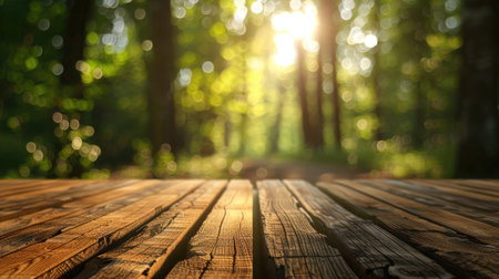 Empty wooden table with Forest background with Blur effect.の素材