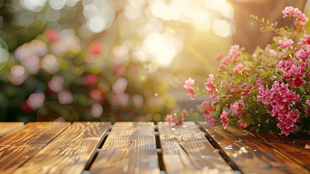 Empty wooden table with flower background with Blur effect.の素材
