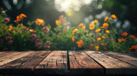 Empty wooden table with flower background with Blur effect.の素材