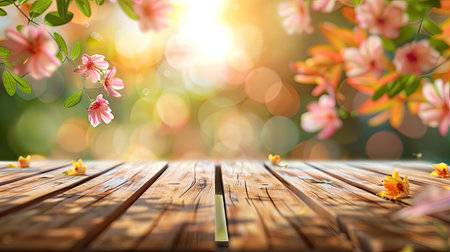 Empty wooden table with flower background with Blur effect.の素材