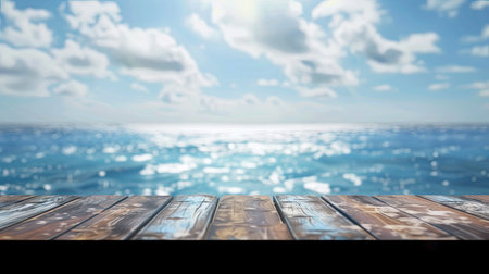 Empty wooden table with sea background with Blur effect.の素材