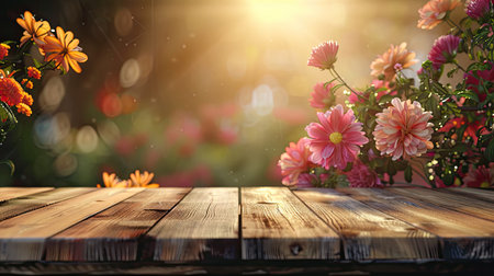 Empty wooden table with flower background with Blur effect.の素材