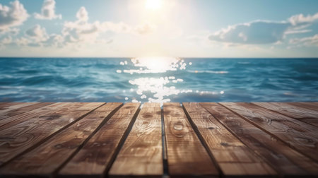 Empty wooden table with sea background with Blur effect.の素材