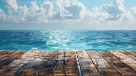 Empty wooden table with sea background with Blur effect.の素材