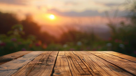 Empty wooden table with sunset background with Blur effect.の素材