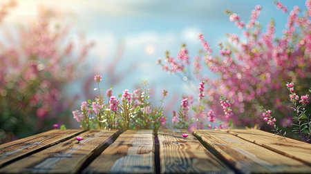 Empty wooden table with flower background with Blur effect.の素材