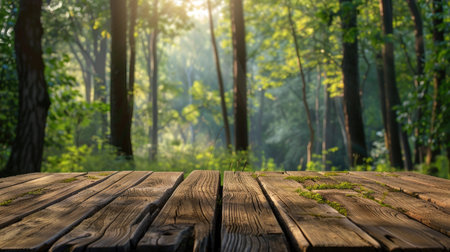Empty wooden table with Forest background with Blur effect.の素材