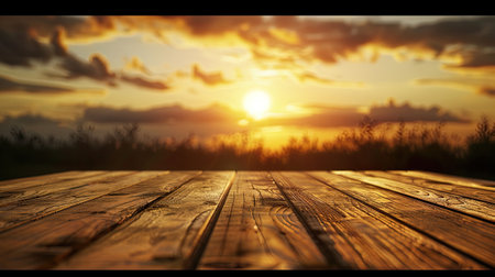 Empty wooden table with sunset background with Blur effect.の素材