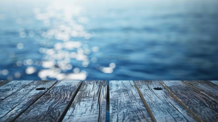 Empty wooden table with sea background with Blur effect.の素材