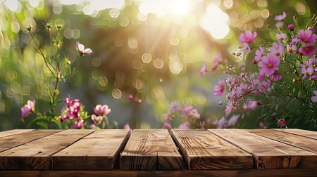 Empty wooden table with flower background with Blur effect.の素材