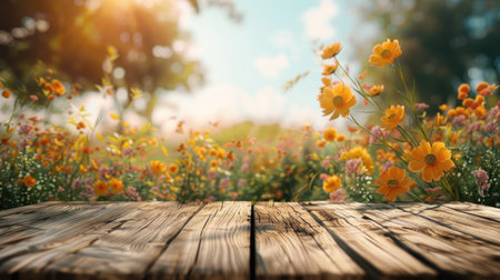 Empty wooden table with flower background with Blur effect.の素材