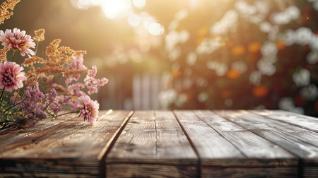 Empty wooden table with flower background with Blur effect.の素材