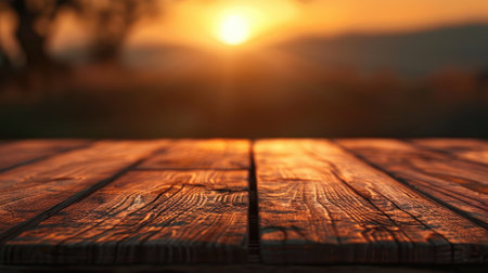 Empty wooden table with sunset background with Blur effect.の素材