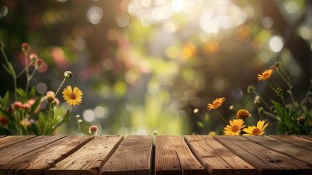 Empty wooden table with flower background with Blur effect.の素材