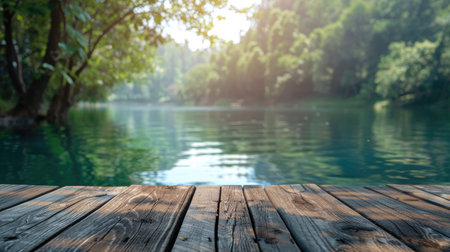 Empty wooden table with water background with Blur effectの素材