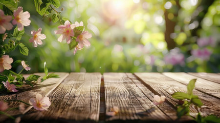 Empty wooden table with flower background with Blur effect.の素材