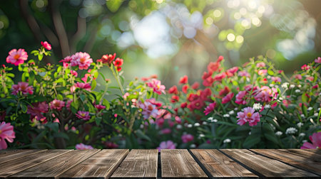 Empty wooden table with flower background with Blur effect.の素材
