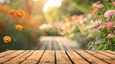 Empty wooden table with flower background with Blur effect.の素材