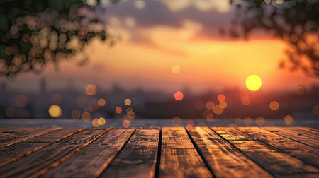 Empty wooden table with sunset background with Blur effect.の素材