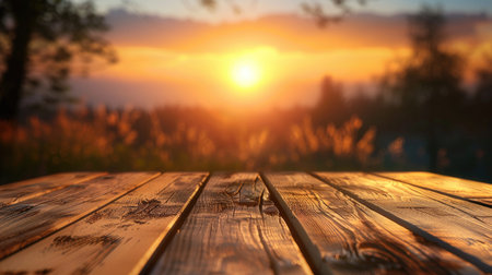 Empty wooden table with sunset background with Blur effect.の素材